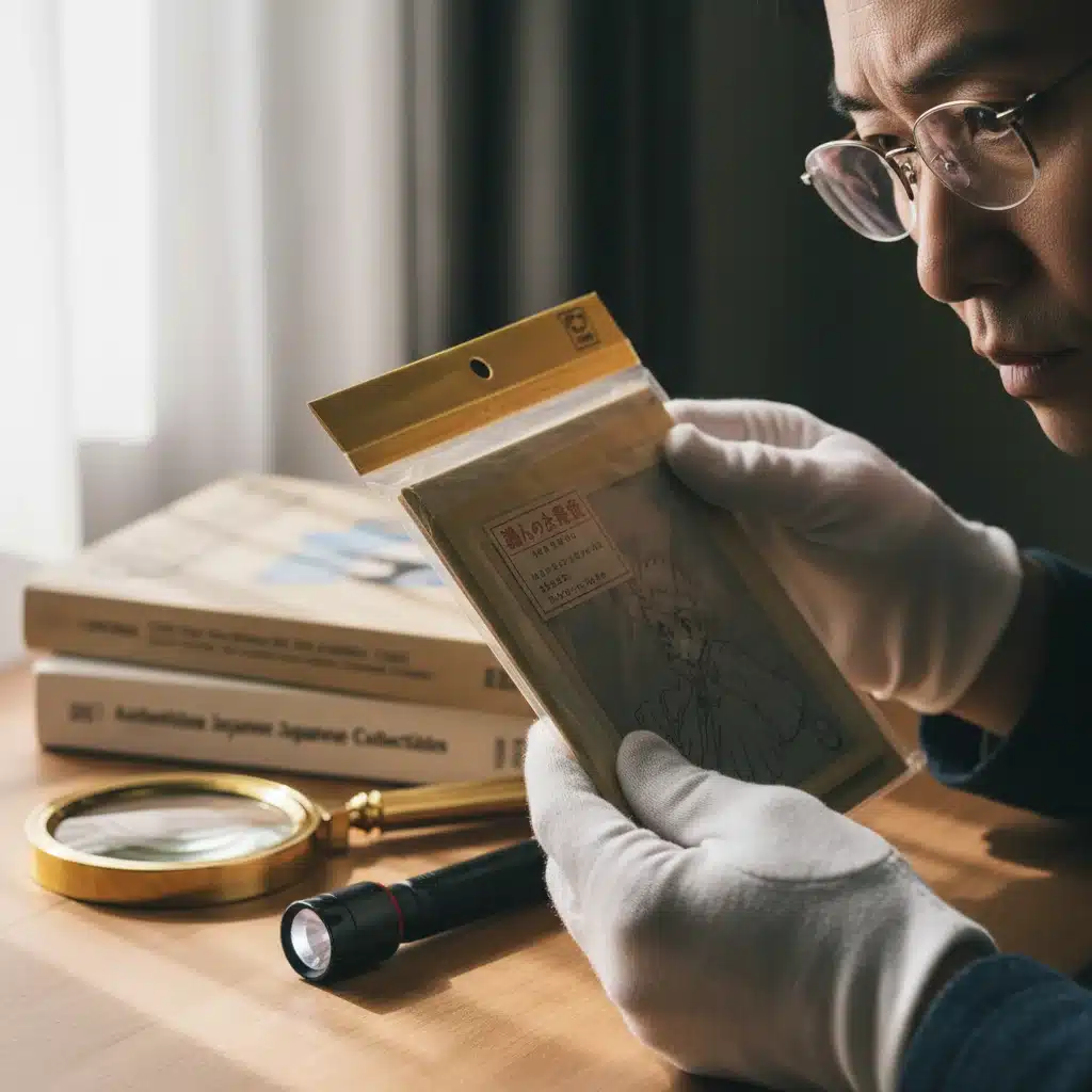 Collector examining vintage anime cel packaging with magnifying glass and UV light for authenticity.