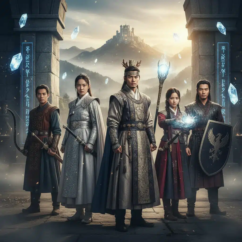 Actors in fantasy K-drama costumes on an elaborate set, depicting a scene of adventure.
