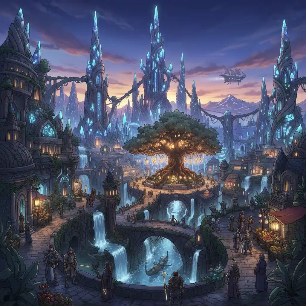 Fantasy cityscape at twilight from an epic webtoon adaptation, showing magic and diverse characters.