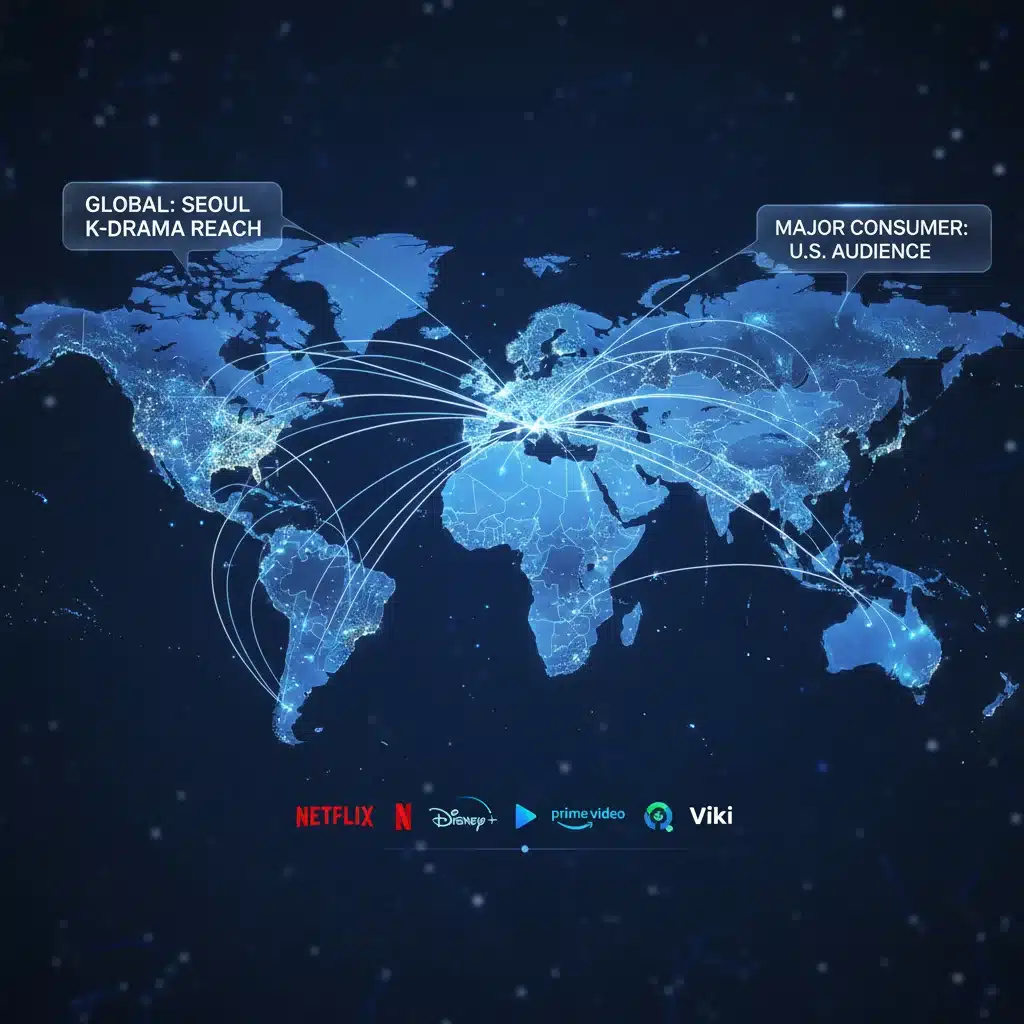Global streaming platform reach for K-Dramas, showing U.S. and South Korea connections.