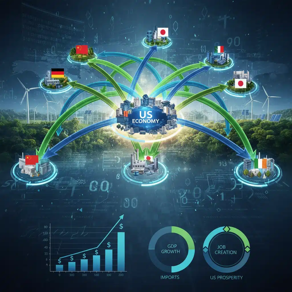 Global supply chain network with digital integration and sustainable practices impacting US economy.