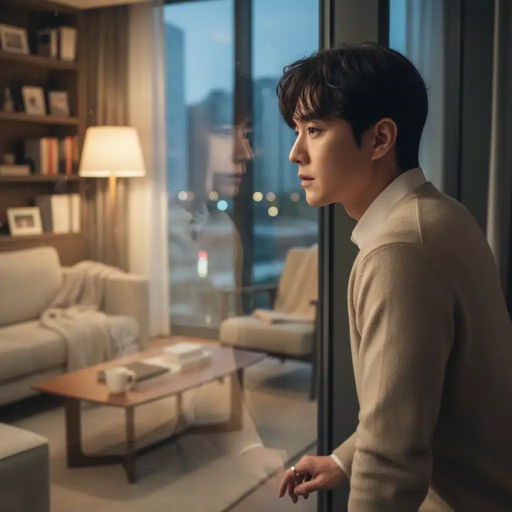 Male lead from a romance K-drama looking pensive in a modern, cozy setting.