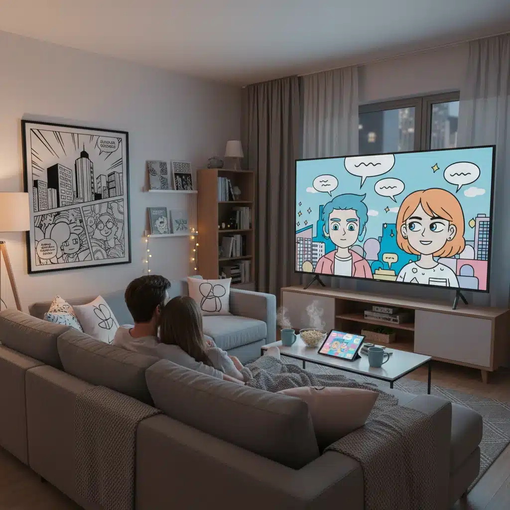 Couple watching a romantic webtoon adaptation on TV in a modern living room.