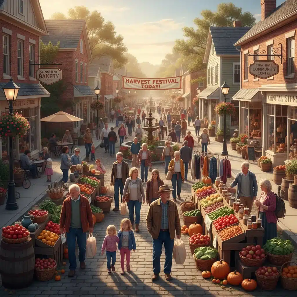 Vibrant rural town with local businesses, symbolizing rural economic growth and community