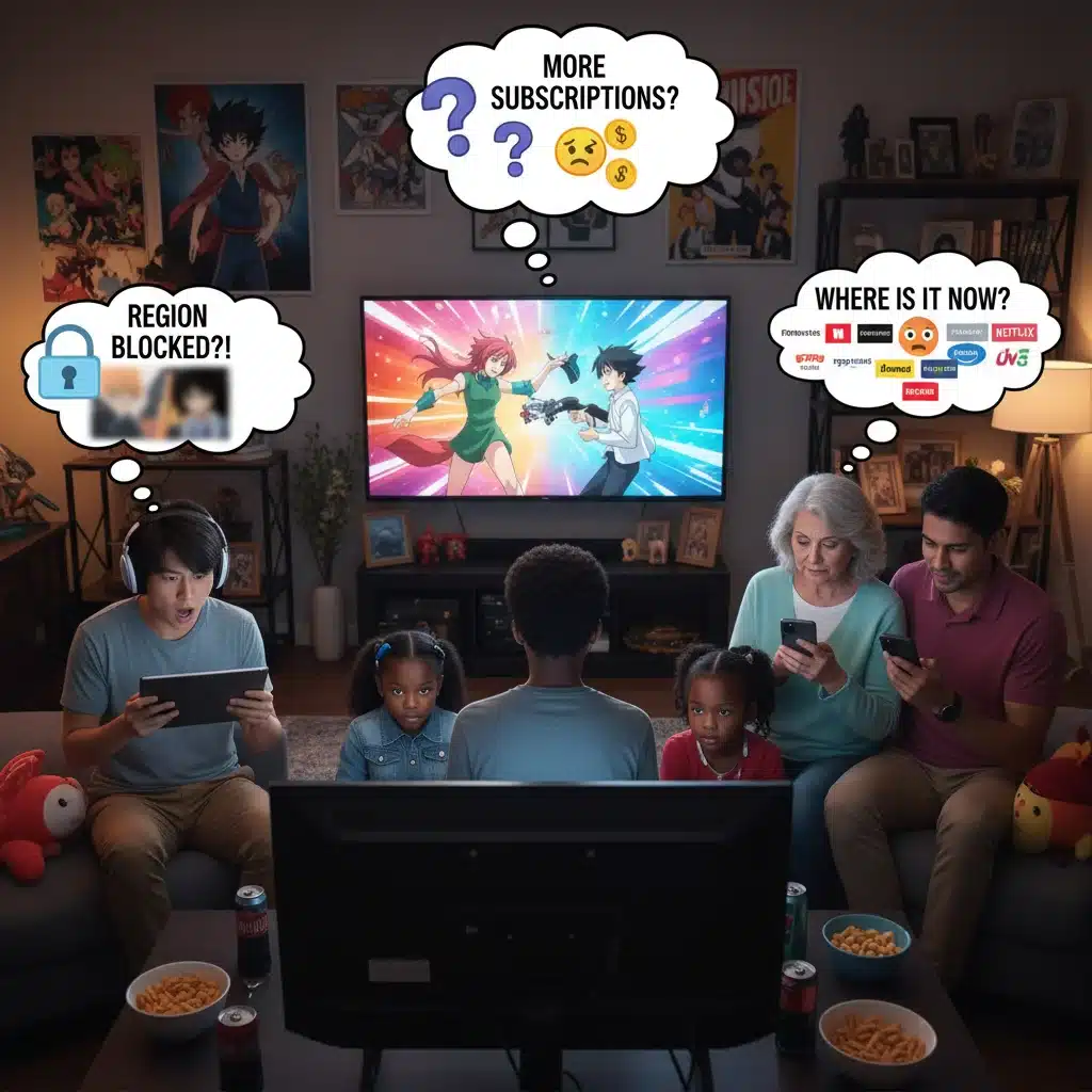 U.S. anime fans reacting to new streaming changes on multiple devices.