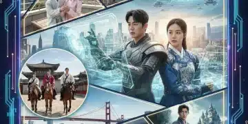 Dynamic collage of K-Drama scenes showcasing diverse genres and futuristic elements, symbolizing global appeal.