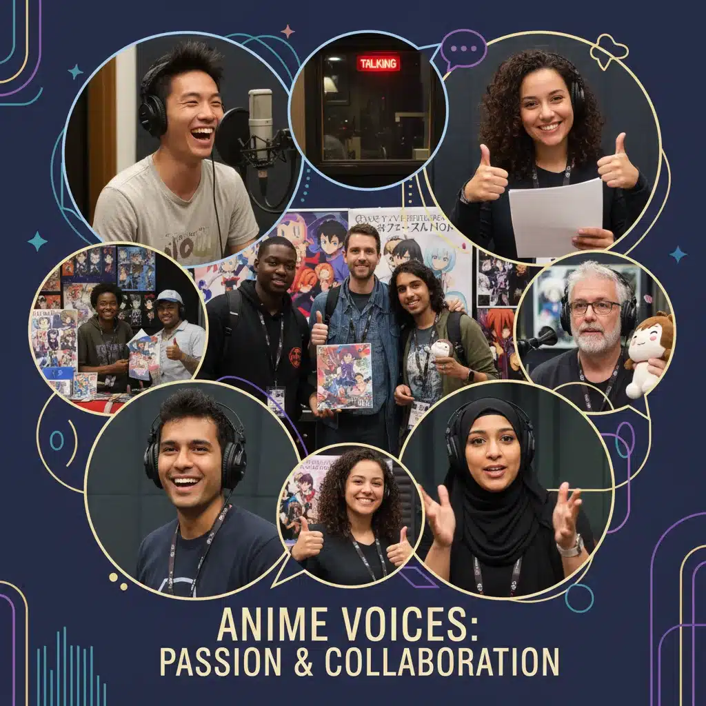 Diverse group of professional voice actors in recording studios and at fan conventions, highlighting the collaborative nature of anime dubbing.