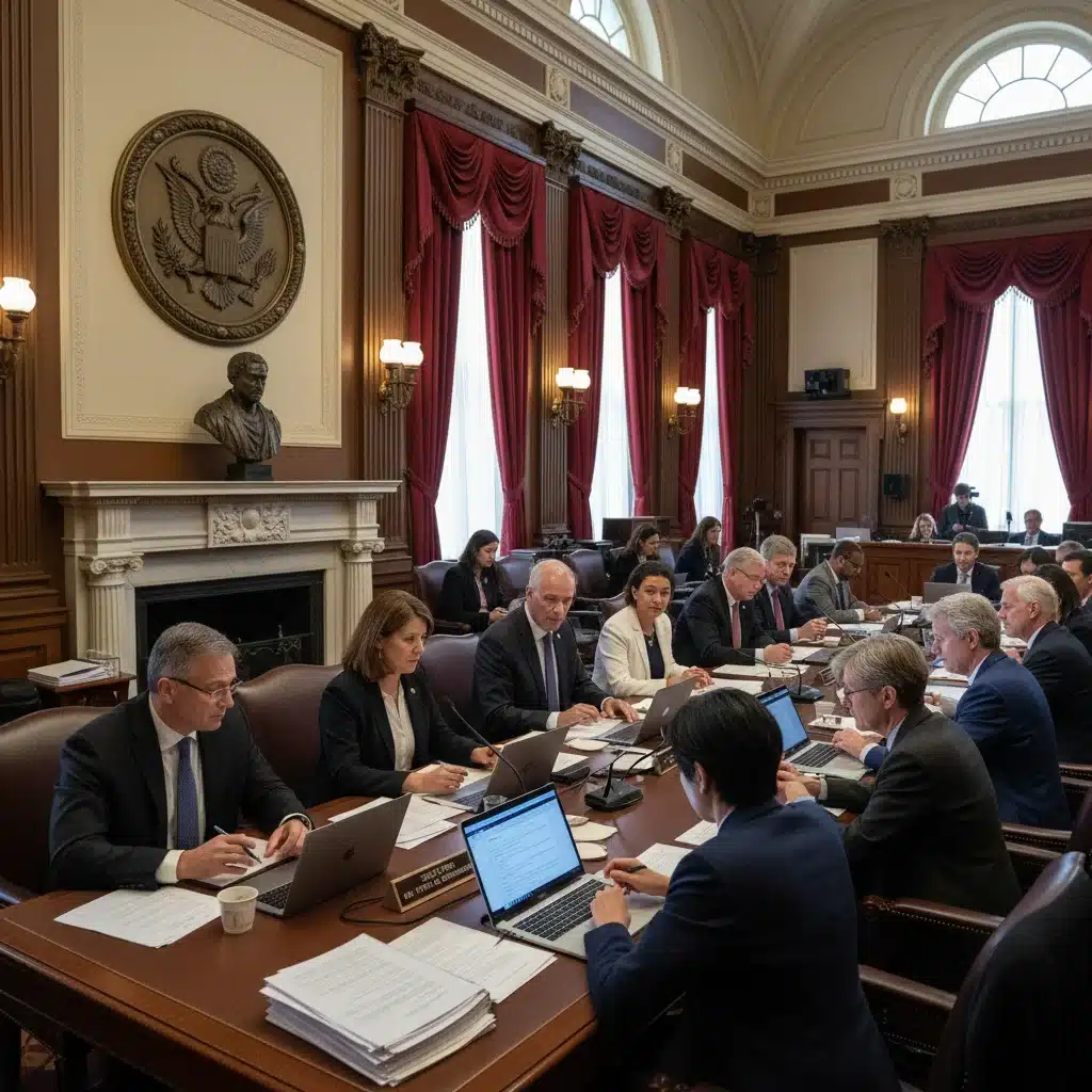 Legislators debating infrastructure policy in a formal congressional hearing.