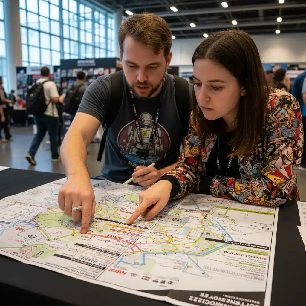 Attendees studying a convention map and schedule, planning their route and activities.