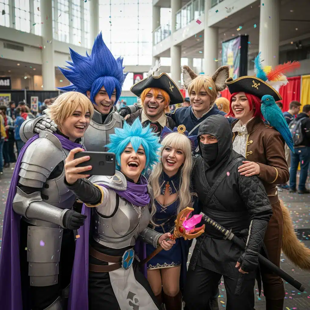 Cosplayers laughing and taking a selfie, showing community and friendship at an anime convention.