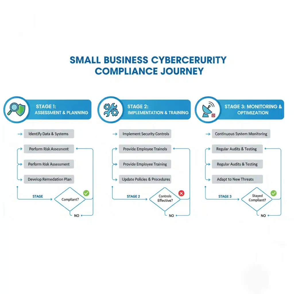 Flowchart depicting cybersecurity compliance steps for small businesses.