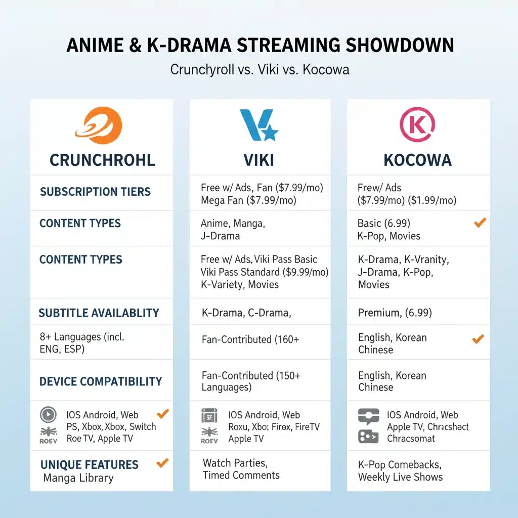 Infographic comparing features of Crunchyroll, Viki, and Kocowa streaming platforms.