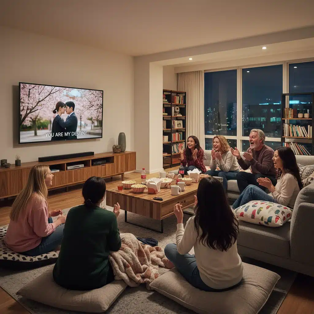 Diverse group of viewers watching a K-Drama together in a modern living room, highlighting global accessibility.