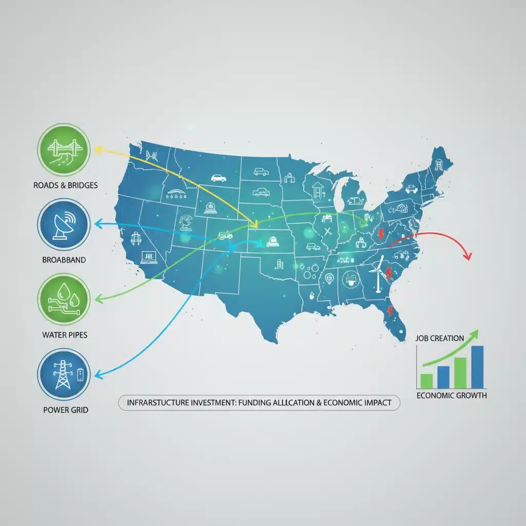 Infographic depicting infrastructure funding allocation across various U.S. states and sectors.