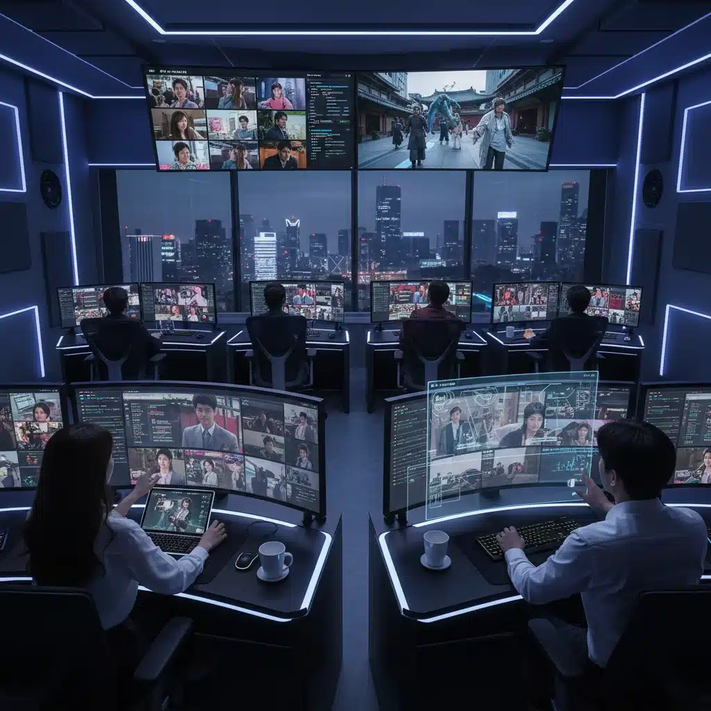 High-tech production studio control room with technicians utilizing AI tools for K-Drama filming and visual effects.