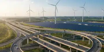 Modern highway interchange with renewable energy infrastructure, symbolizing the future of American development.