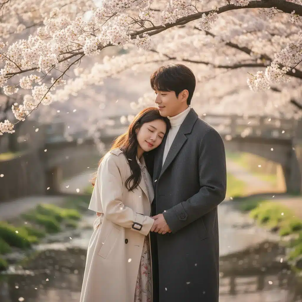 Romantic K-Drama scene with couple under cherry blossoms