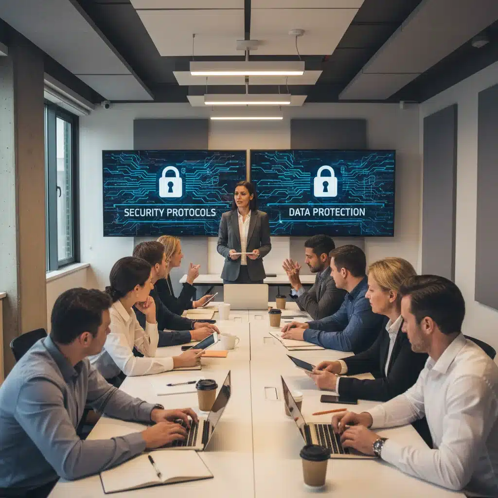 Small business owners learning about cybersecurity best practices.