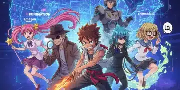 Seven prominent anime characters representing top voice actors dominating U.S. streaming in 2026, set against a vibrant digital background.